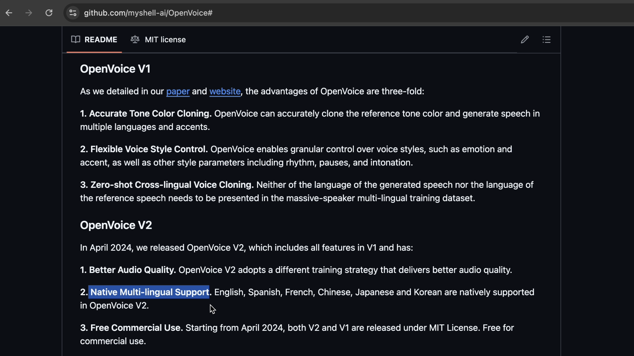 OpenVoice GitHub पेज, README में मल्टीलिंगुअल का जिक्र